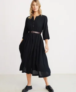 New Seersucker Shirt Dress Women Long Sleeve Dresses