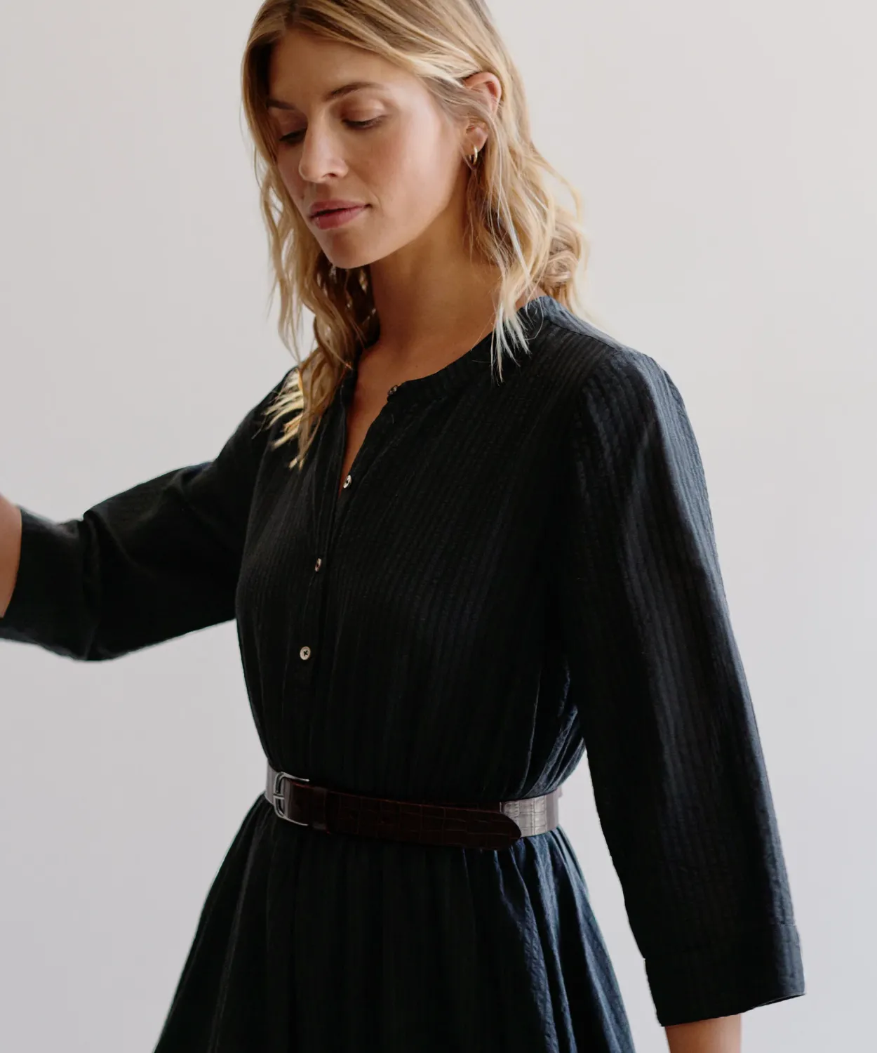 New Seersucker Shirt Dress Women Long Sleeve Dresses